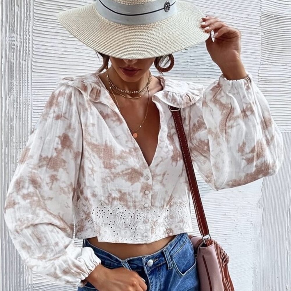 ZARA Aveloria Plunging Neck Eyelet Embroidery  Tie Dye Blouse Size XS NWT